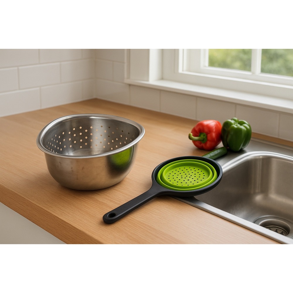 Stainless Steel Corner Colander & Collapsible Silicone Strainer Kitchen Set